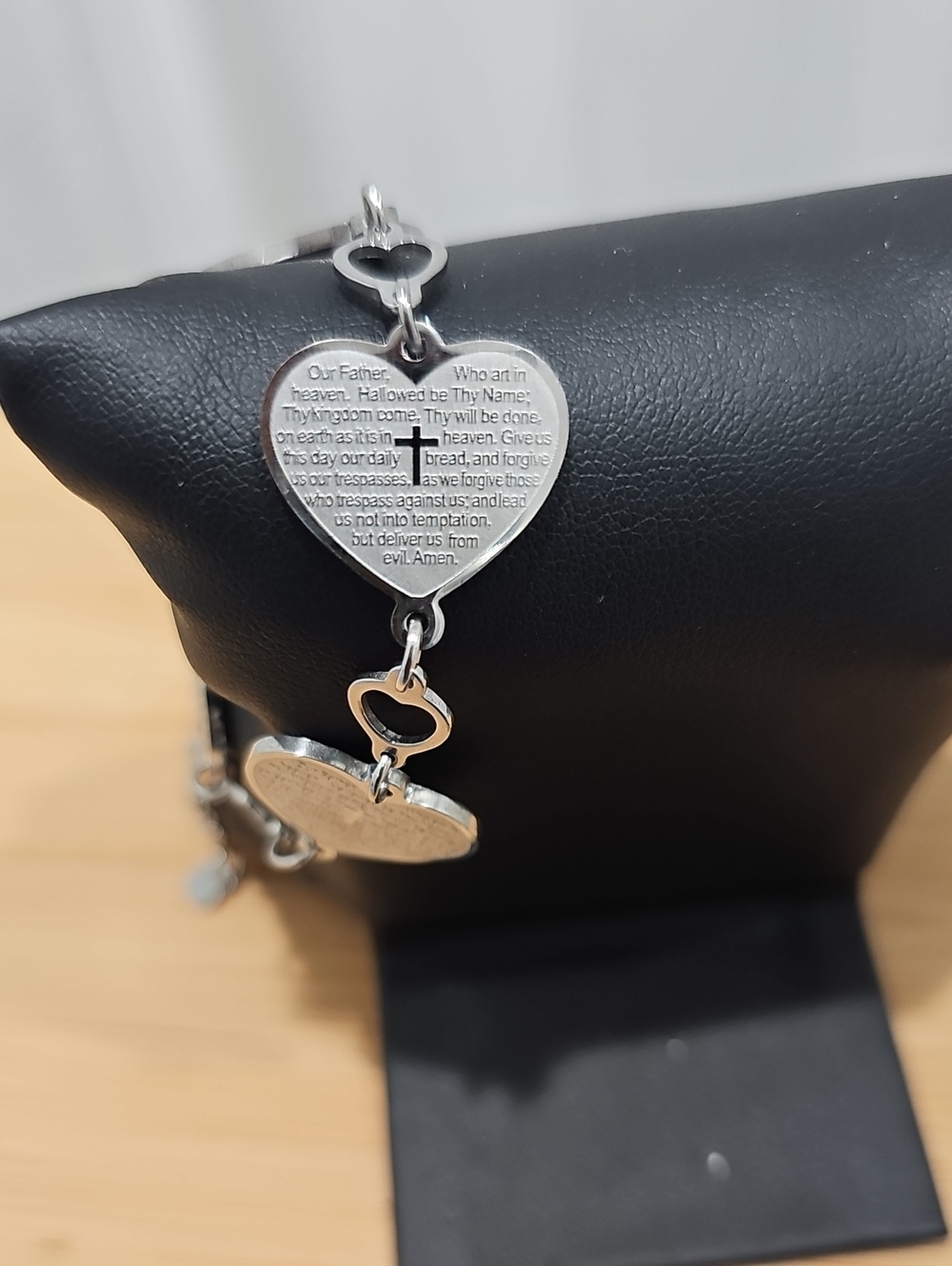 Silver Stainless Steel Heart Prayer Bracelet with Cross Detailing